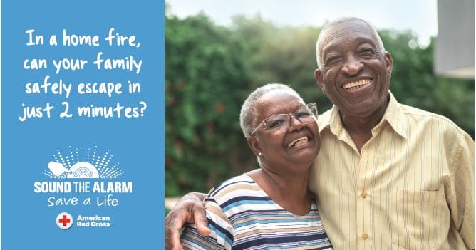 Sound the Alarm Graphic with text on the left side that says "In a home fire, can your family safely escape in just 2 minutes?" with a photo of an older couple on the right side.